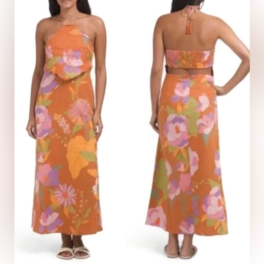 CAROLINE CONSTAS linen halter maxi floral cut out bead beach party tropical S